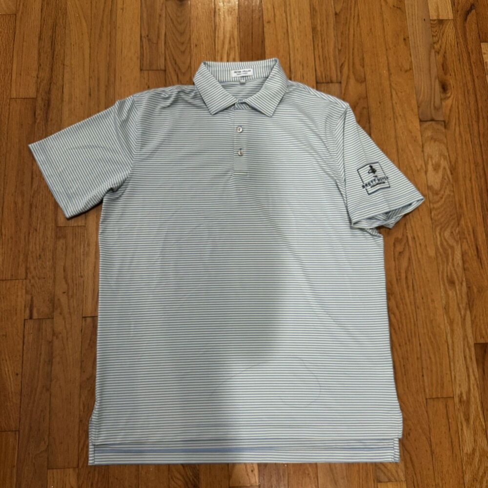 Peter Millar Polo Mens L Blue yellow Striped Stretch Golf Shirt Short Sleeve